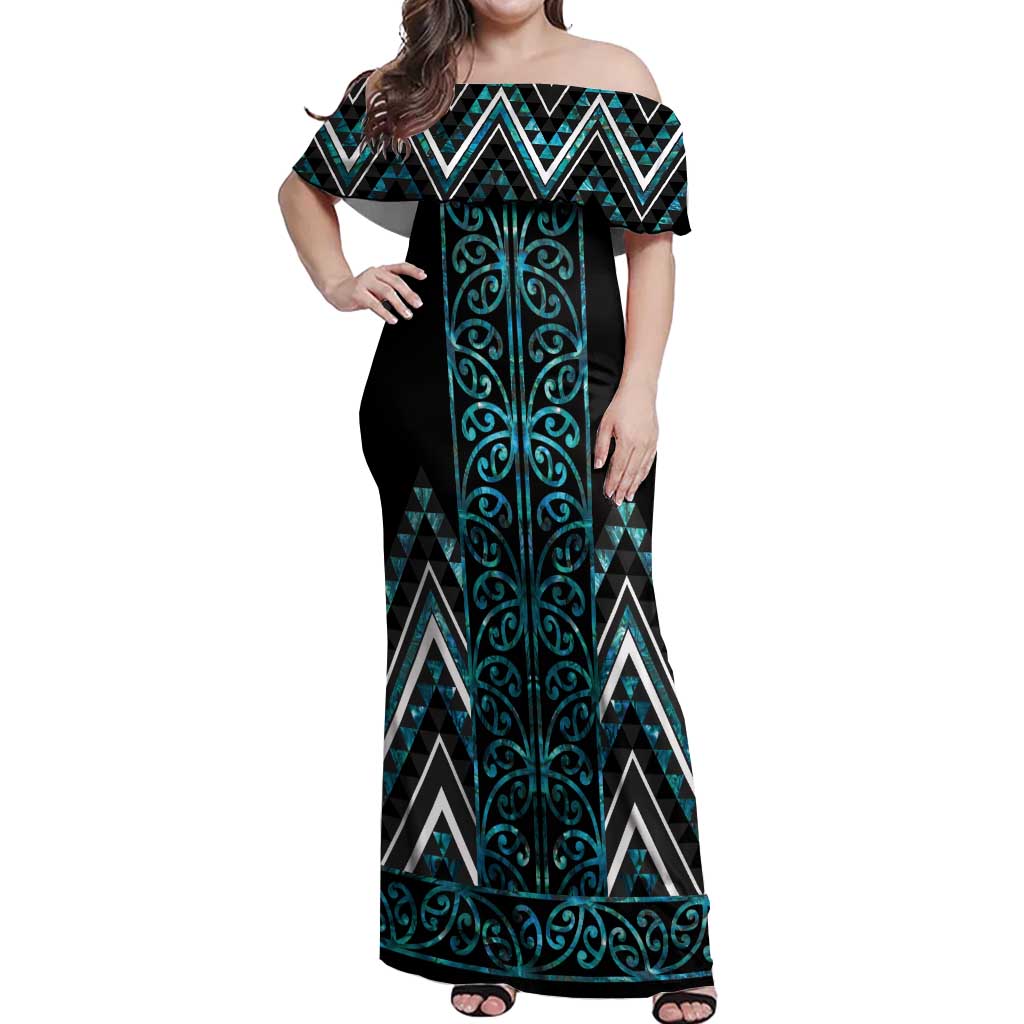 Paua Shell Aotearoa Mangopare Kowhaiwhai and Niho Taniwha Off Shoulder Maxi Dress Maori New Zealand