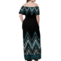 Paua Shell Aotearoa Mangopare Kowhaiwhai and Niho Taniwha Off Shoulder Maxi Dress Maori New Zealand