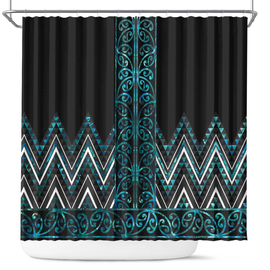 Paua Shell Aotearoa Mangopare Kowhaiwhai and Niho Taniwha Shower Curtain Maori New Zealand