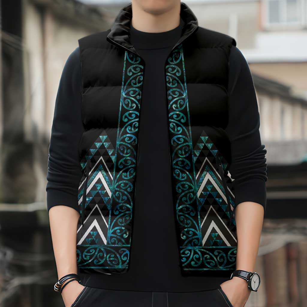 Paua Shell Aotearoa Mangopare Kowhaiwhai Niho Taniwha Sleeveless Puffer Jacket Maori New Zealand - Polynesian Pride