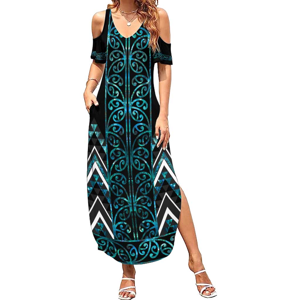 Paua Shell Aotearoa Mangopare Kowhaiwhai and Niho Taniwha Summer Maxi Dress Maori New Zealand
