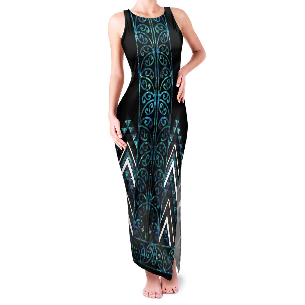 Paua Shell Aotearoa Mangopare Kowhaiwhai and Niho Taniwha Tank Maxi Dress Maori New Zealand