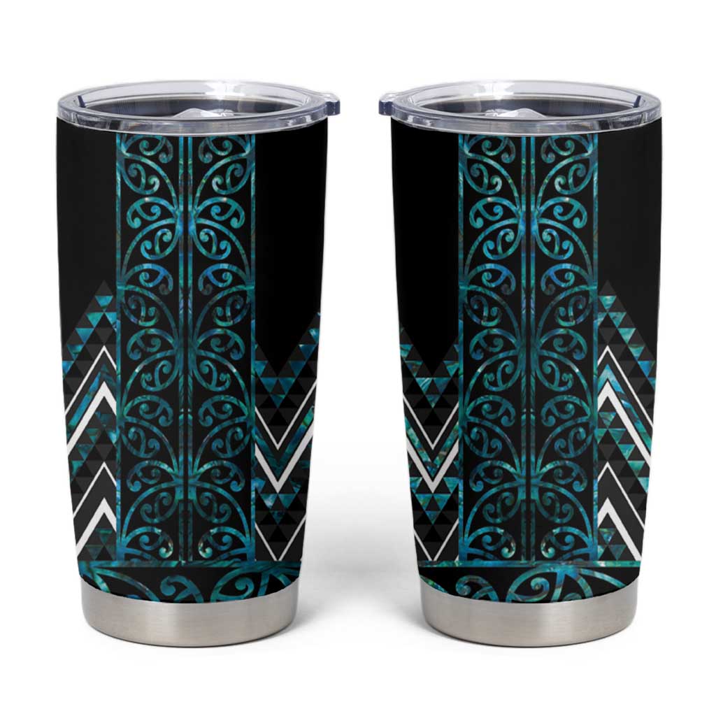 Paua Shell Aotearoa Mangopare Kowhaiwhai and Niho Taniwha Tumbler Cup Maori New Zealand
