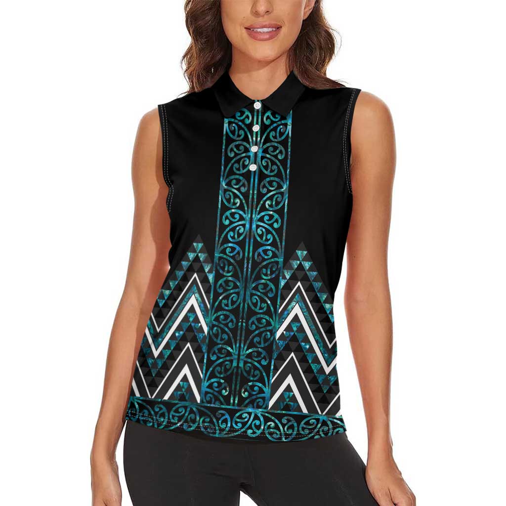 Paua Shell Aotearoa Mangopare Kowhaiwhai and Niho Taniwha Women Sleeveless Polo Shirt Maori New Zealand
