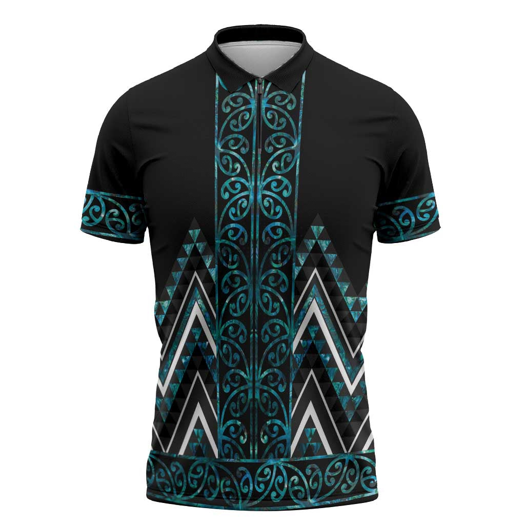 Paua Shell Aotearoa Mangopare Kowhaiwhai Niho Taniwha Zipper Polo Shirt Maori New Zealand - Polynesian Pride