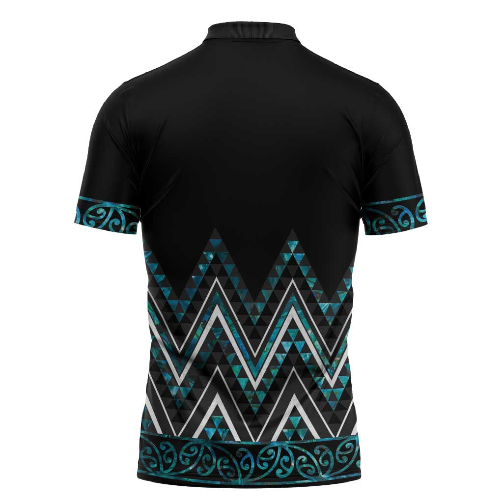 Paua Shell Aotearoa Mangopare Kowhaiwhai Niho Taniwha Zipper Polo Shirt Maori New Zealand - Polynesian Pride