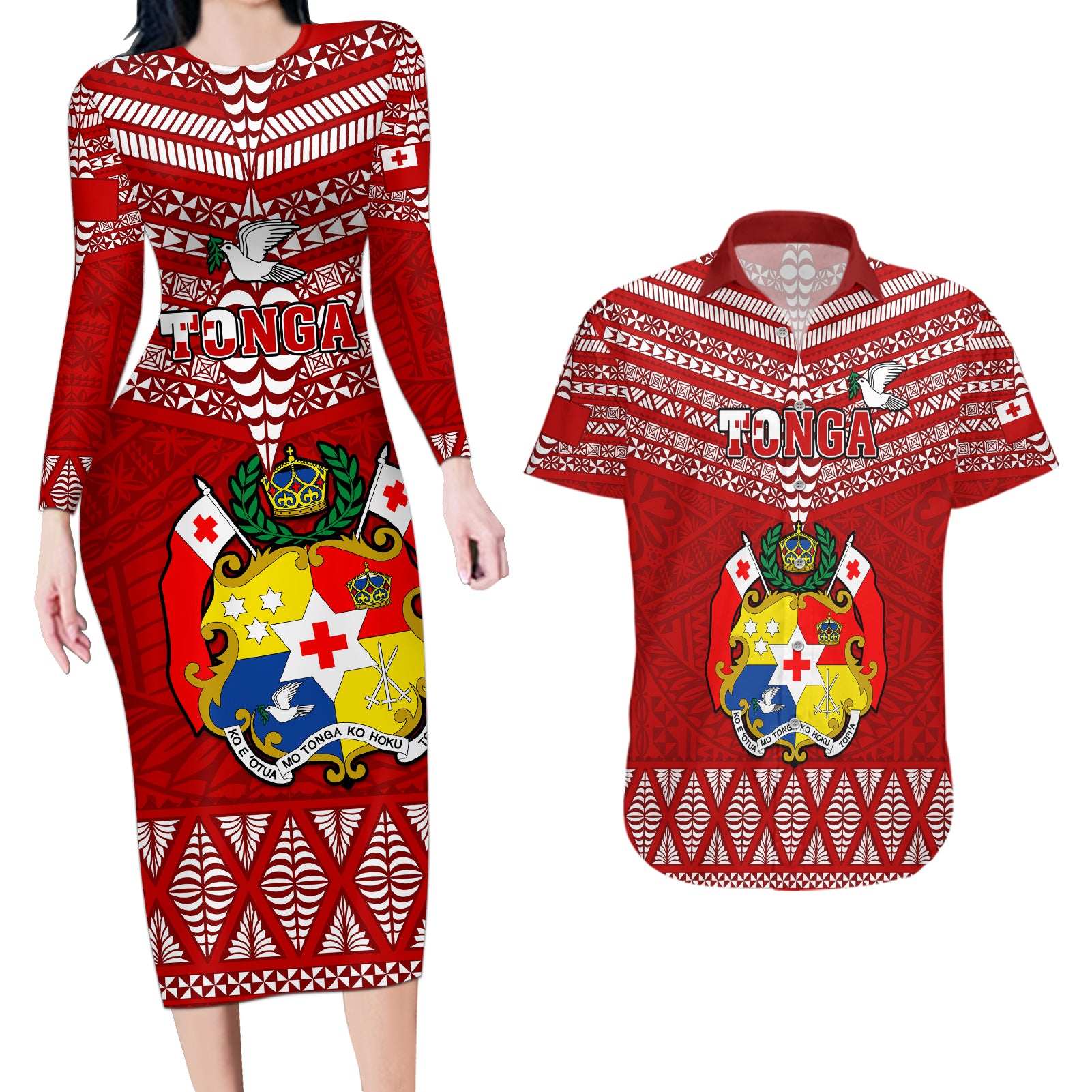 Tonga Rugby Couples Matching Long Sleeve Bodycon Dress and Hawaiian Shirt 2023 World Cup Tongan Kupesi Ngatu Pattern LT14 Red - Polynesian Pride