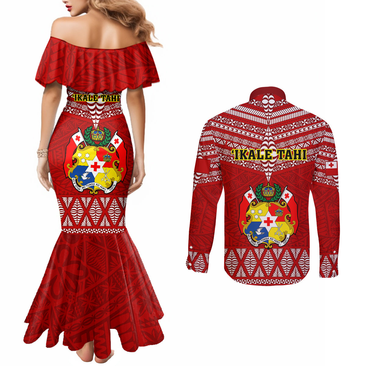 Tonga Rugby Couples Matching Mermaid Dress and Long Sleeve Button Shirts 2023 World Cup Tongan Kupesi Ngatu Pattern LT14 - Polynesian Pride