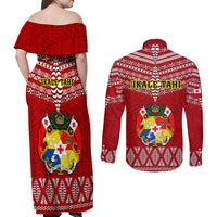 Tonga Rugby Couples Matching Off Shoulder Maxi Dress and Long Sleeve Button Shirts 2023 World Cup Tongan Kupesi Ngatu Pattern LT14 - Polynesian Pride