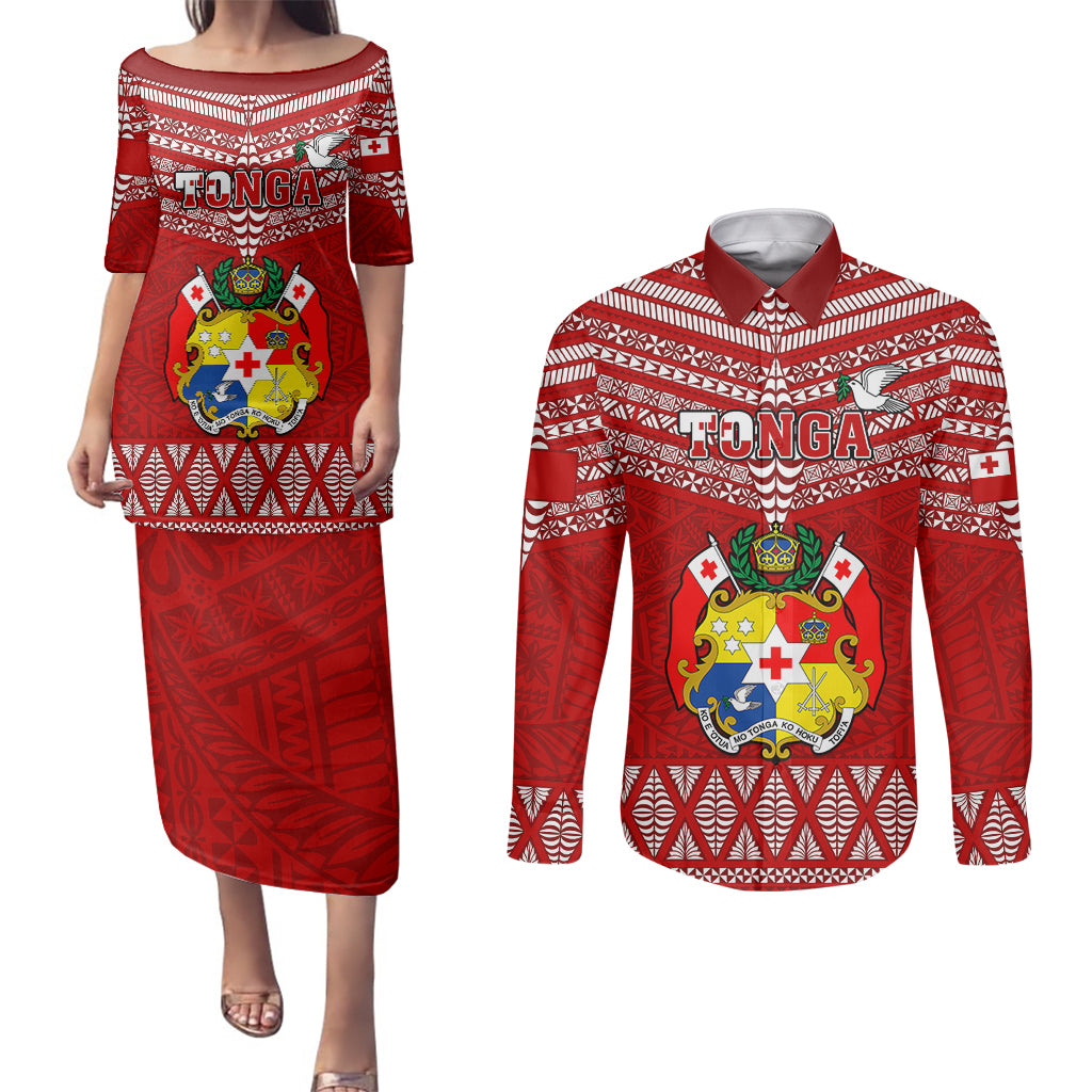 Tonga Rugby Couples Matching Puletasi Dress and Long Sleeve Button Shirts 2023 World Cup Tongan Kupesi Ngatu Pattern LT14 Red - Polynesian Pride