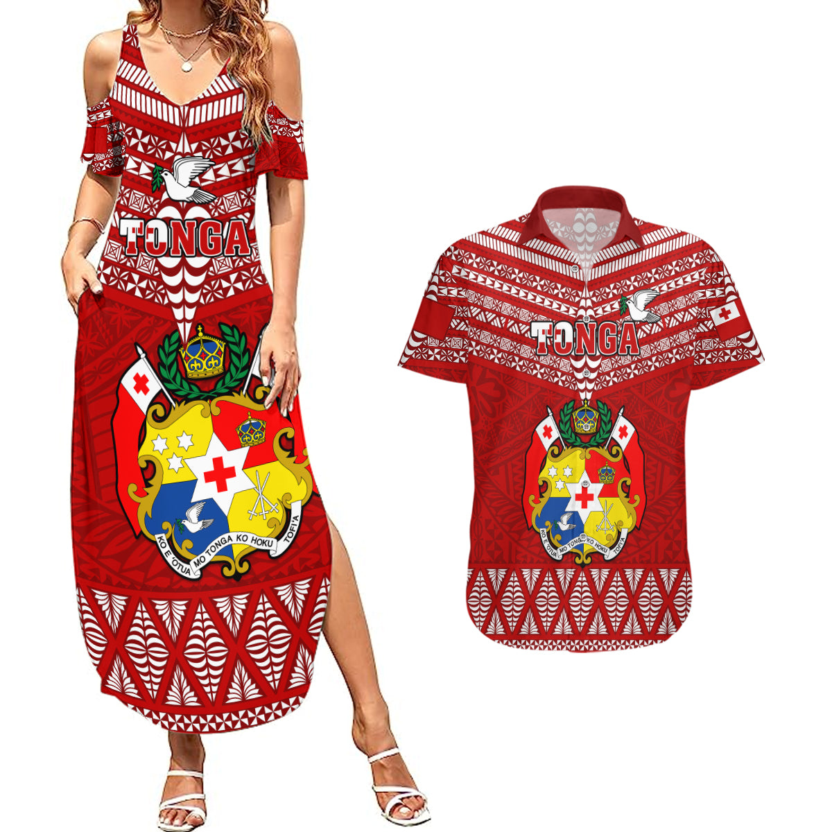 Tonga Rugby Couples Matching Summer Maxi Dress and Hawaiian Shirt 2023 World Cup Tongan Kupesi Ngatu Pattern LT14 Red - Polynesian Pride