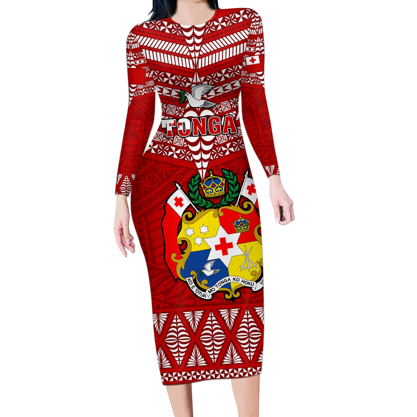 Tonga Rugby Long Sleeve Bodycon Dress 2023 World Cup Tongan Kupesi Ngatu Pattern LT14 Long Dress Red - Polynesian Pride