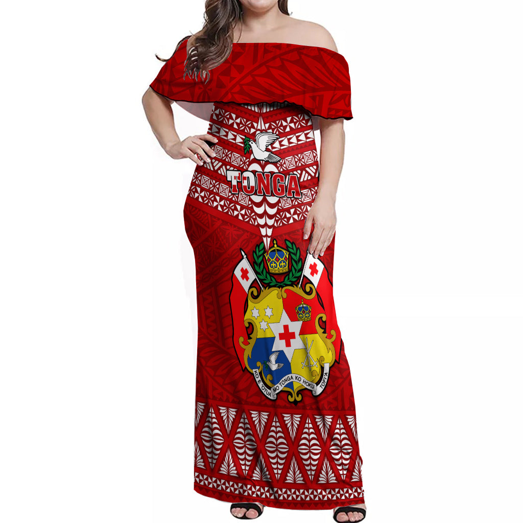 Tonga Rugby Off Shoulder Maxi Dress 2023 World Cup Tongan Kupesi Ngatu Pattern LT14 Women Red - Polynesian Pride