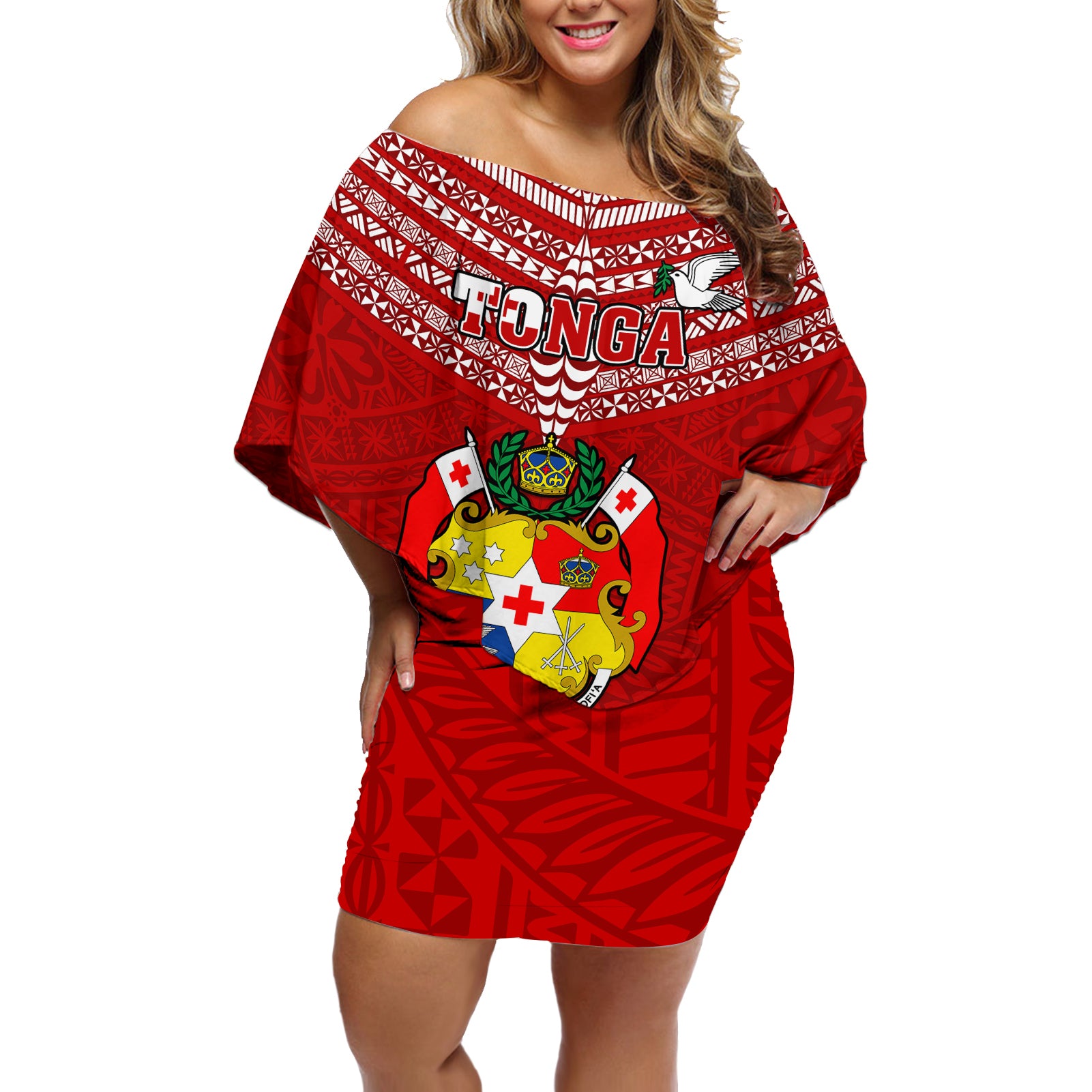 Tonga Rugby Off Shoulder Short Dress 2023 World Cup Tongan Kupesi Ngatu Pattern LT14 Women Red - Polynesian Pride