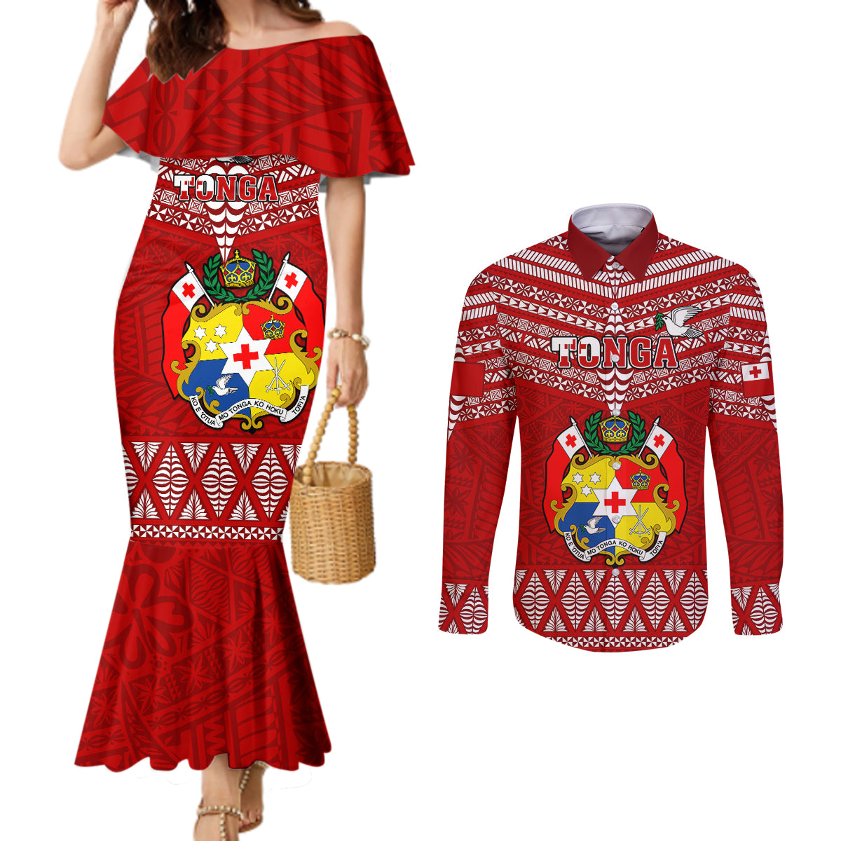 Custom Tonga Rugby Couples Matching Mermaid Dress and Long Sleeve Button Shirts 2023 World Cup Tongan Kupesi Ngatu Pattern LT14 Red - Polynesian Pride