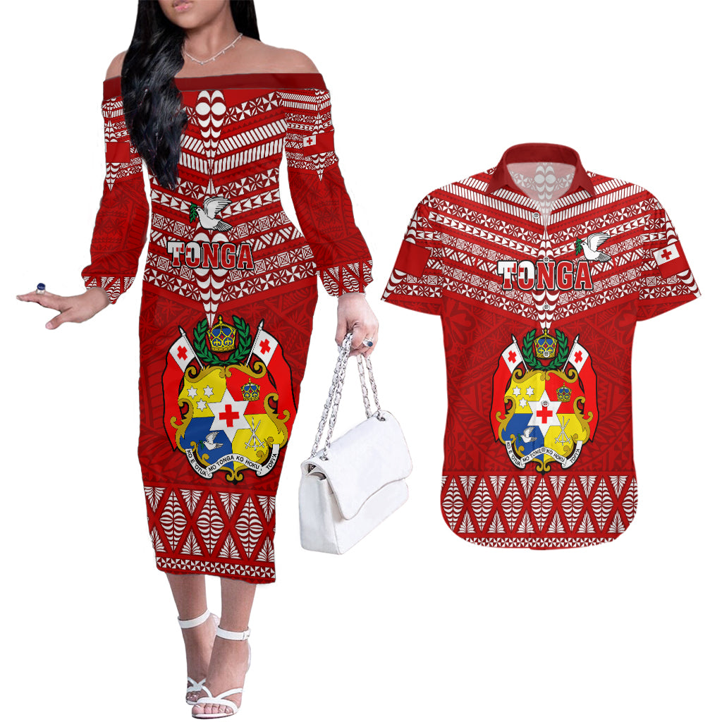 Custom Tonga Rugby Couples Matching Off The Shoulder Long Sleeve Dress and Hawaiian Shirt 2023 World Cup Tongan Kupesi Ngatu Pattern LT14 Red - Polynesian Pride