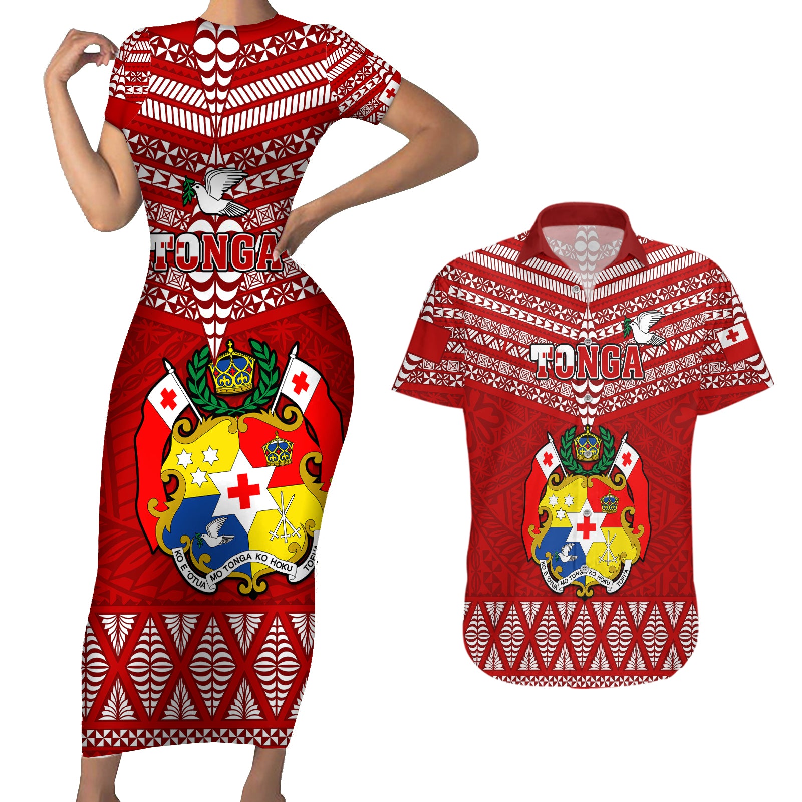 Custom Tonga Rugby Couples Matching Short Sleeve Bodycon Dress and Hawaiian Shirt 2023 World Cup Tongan Kupesi Ngatu Pattern LT14 Red - Polynesian Pride