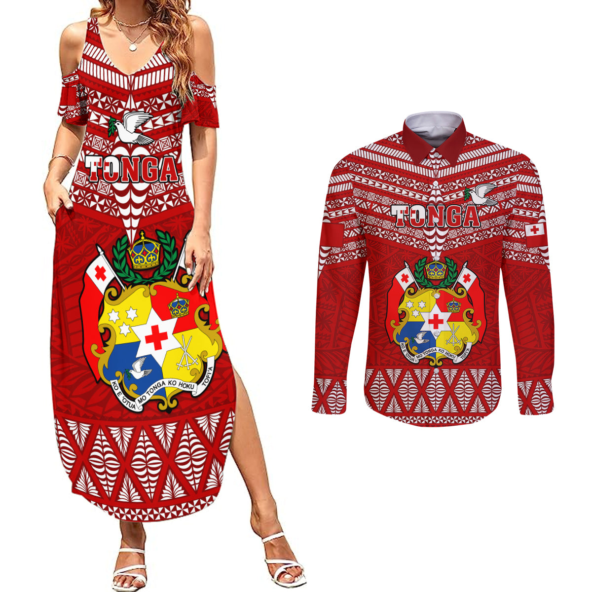 Custom Tonga Rugby Couples Matching Summer Maxi Dress and Long Sleeve Button Shirts 2023 World Cup Tongan Kupesi Ngatu Pattern LT14 Red - Polynesian Pride