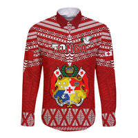 Custom Tonga Rugby Long Sleeve Button Shirt 2023 World Cup Tongan Kupesi Ngatu Pattern LT14 Unisex Red - Polynesian Pride