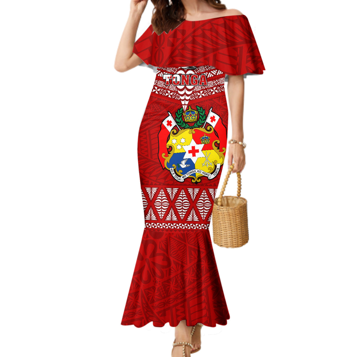 Custom Tonga Rugby Mermaid Dress 2023 World Cup Tongan Kupesi Ngatu Pattern LT14 Women Red - Polynesian Pride