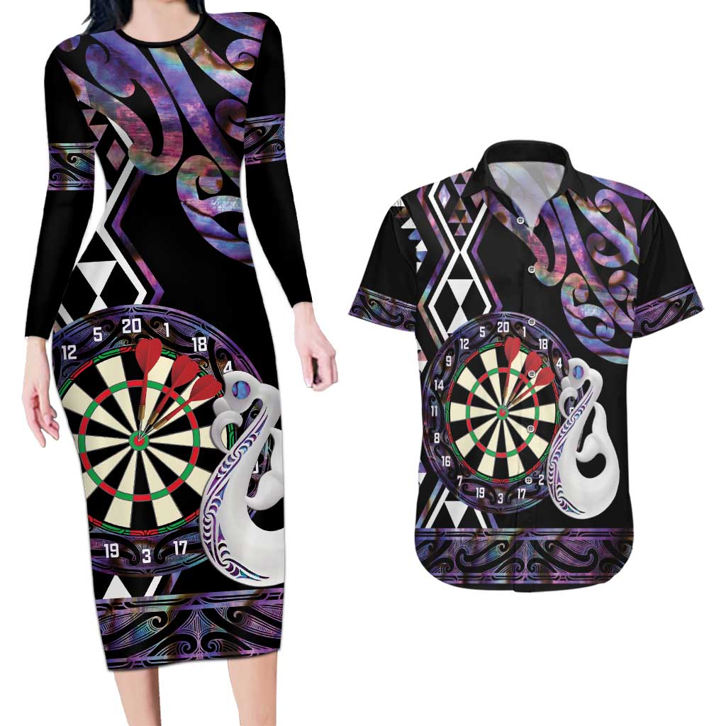 Personalised New Zealand Darts Couples Matching Long Sleeve Bodycon Dress and Hawaiian Shirt Ngutukaka Manaia Taniko Luxury Purple - Polynesian Pride