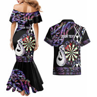 Personalised New Zealand Darts Couples Matching Mermaid Dress and Hawaiian Shirt Ngutukaka Manaia Taniko Luxury Purple - Polynesian Pride