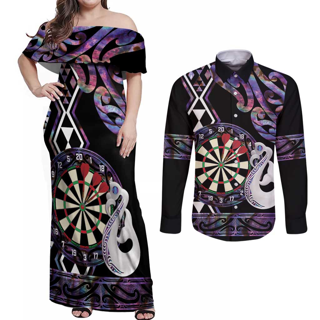 Personalised New Zealand Darts Couples Matching Off Shoulder Maxi Dress and Long Sleeve Button Shirt Ngutukaka Manaia Taniko Luxury Purple - Polynesian Pride