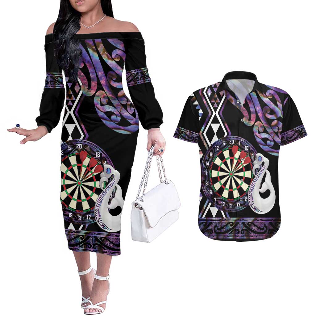 Personalised New Zealand Darts Couples Matching Off The Shoulder Long Sleeve Dress and Hawaiian Shirt Ngutukaka Manaia Taniko Luxury Purple - Polynesian Pride