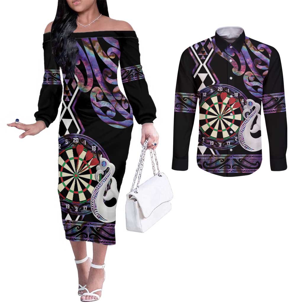 Personalised New Zealand Darts Couples Matching Off The Shoulder Long Sleeve Dress and Long Sleeve Button Shirt Ngutukaka Manaia Taniko Luxury Purple - Polynesian Pride