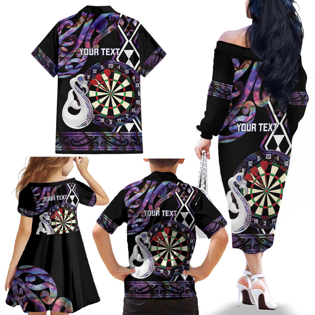 Personalised New Zealand Darts Family Matching Off The Shoulder Long Sleeve Dress and Hawaiian Shirt Ngutukaka Manaia Taniko Luxury Purple - Polynesian Pride