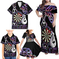 Personalised New Zealand Darts Family Matching Off Shoulder Maxi Dress and Hawaiian Shirt Ngutukaka Manaia Taniko Luxury Purple - Polynesian Pride