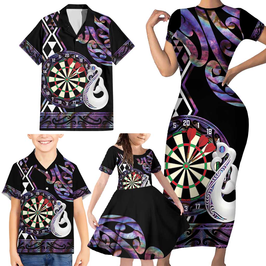 Personalised New Zealand Darts Family Matching Short Sleeve Bodycon Dress and Hawaiian Shirt Ngutukaka Manaia Taniko Luxury Purple - Polynesian Pride