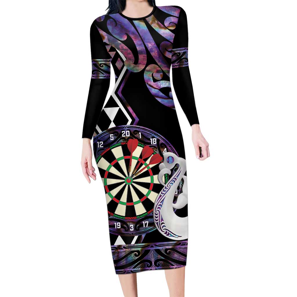 Personalised New Zealand Darts Long Sleeve Bodycon Dress Ngutukaka Manaia Taniko Luxury Purple - Polynesian Pride