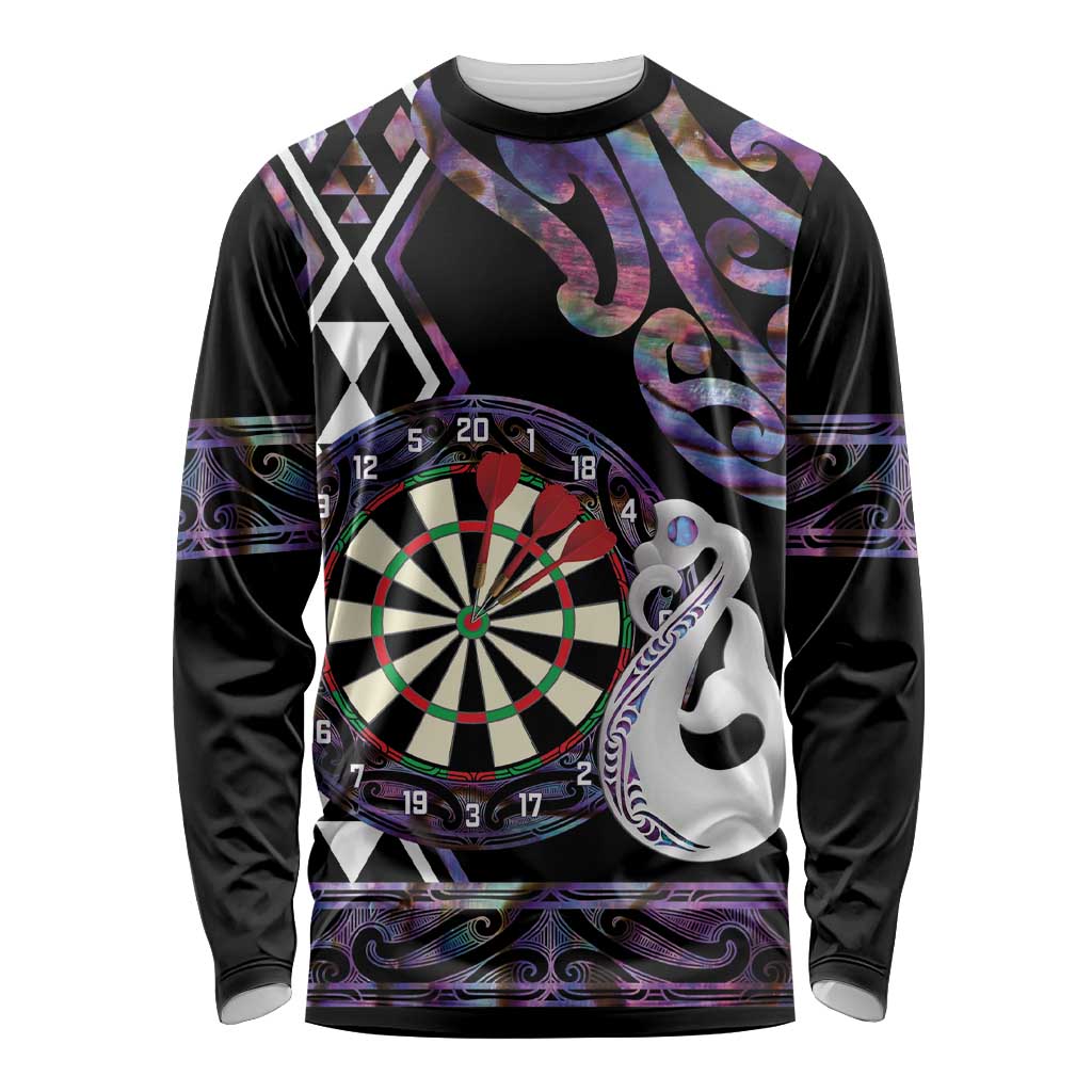 Personalised New Zealand Darts Long Sleeve Shirt Ngutukaka Manaia Taniko Luxury Purple - Polynesian Pride