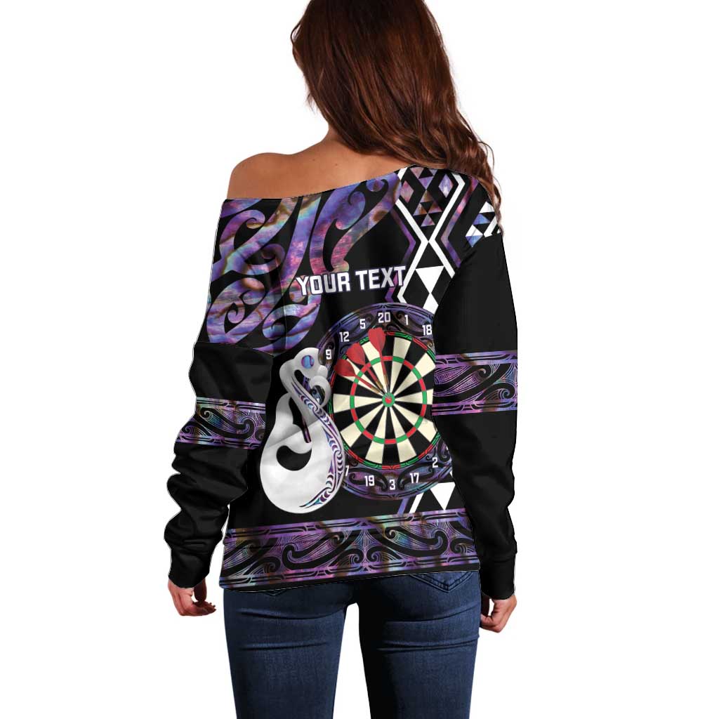 Personalised New Zealand Darts Off Shoulder Sweater Ngutukaka Manaia Taniko Luxury Purple - Polynesian Pride