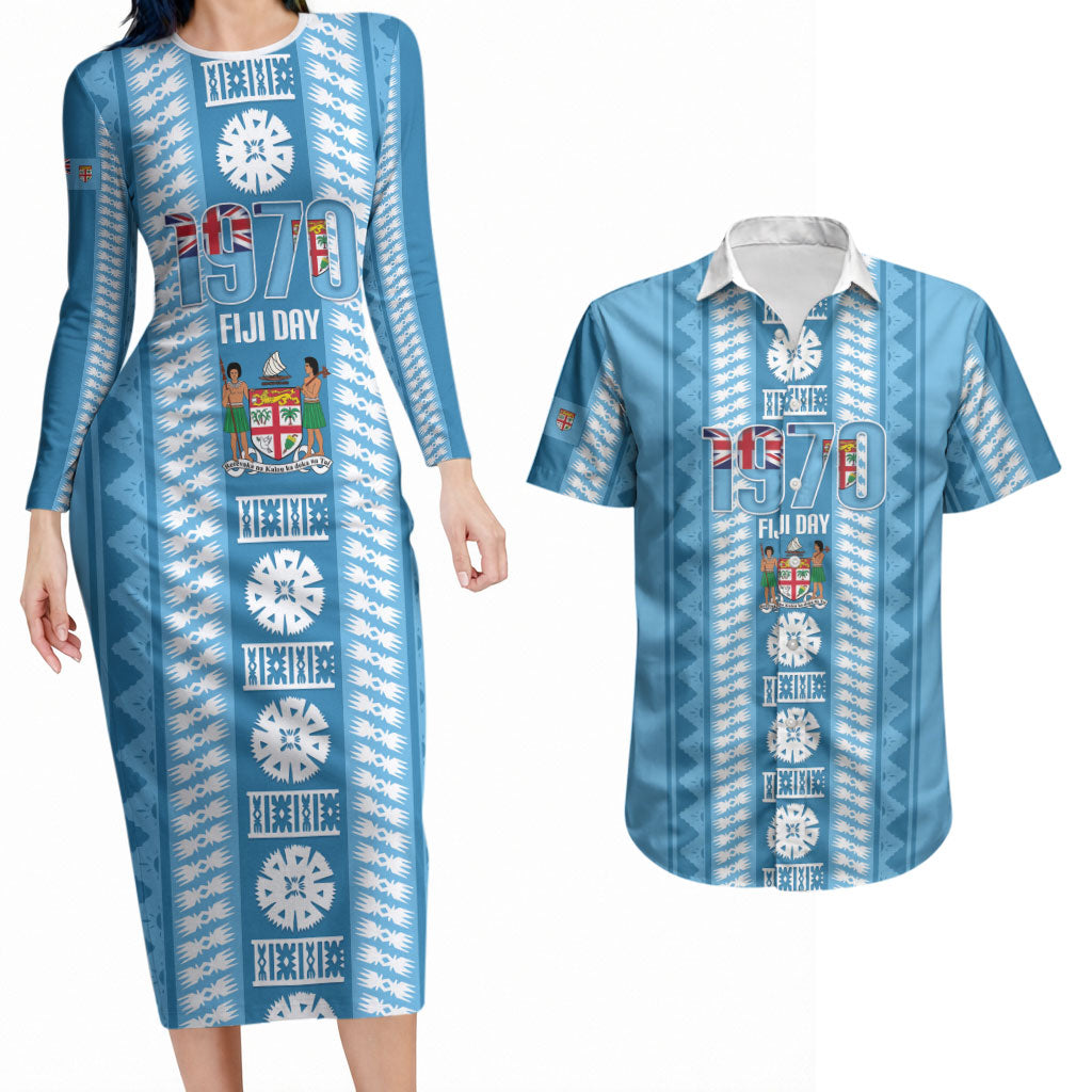 Fiji Day 1970 Couples Matching Long Sleeve Bodycon Dress and Hawaiian Shirt For Fiji Ever Fiji Tapa Pattern Blue LT14 Blue - Polynesian Pride
