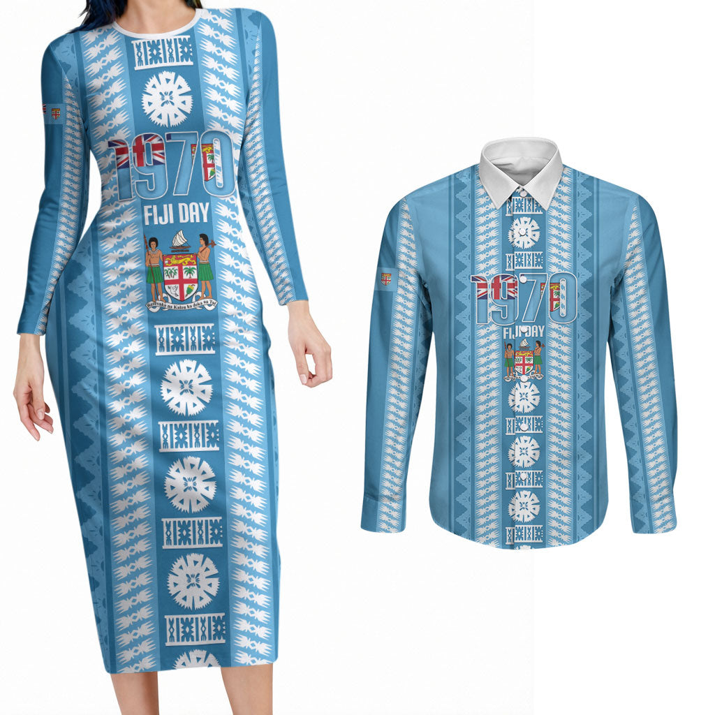 Fiji Day 1970 Couples Matching Long Sleeve Bodycon Dress and Long Sleeve Button Shirt For Fiji Ever Fiji Tapa Pattern Blue LT14 Blue - Polynesian Pride