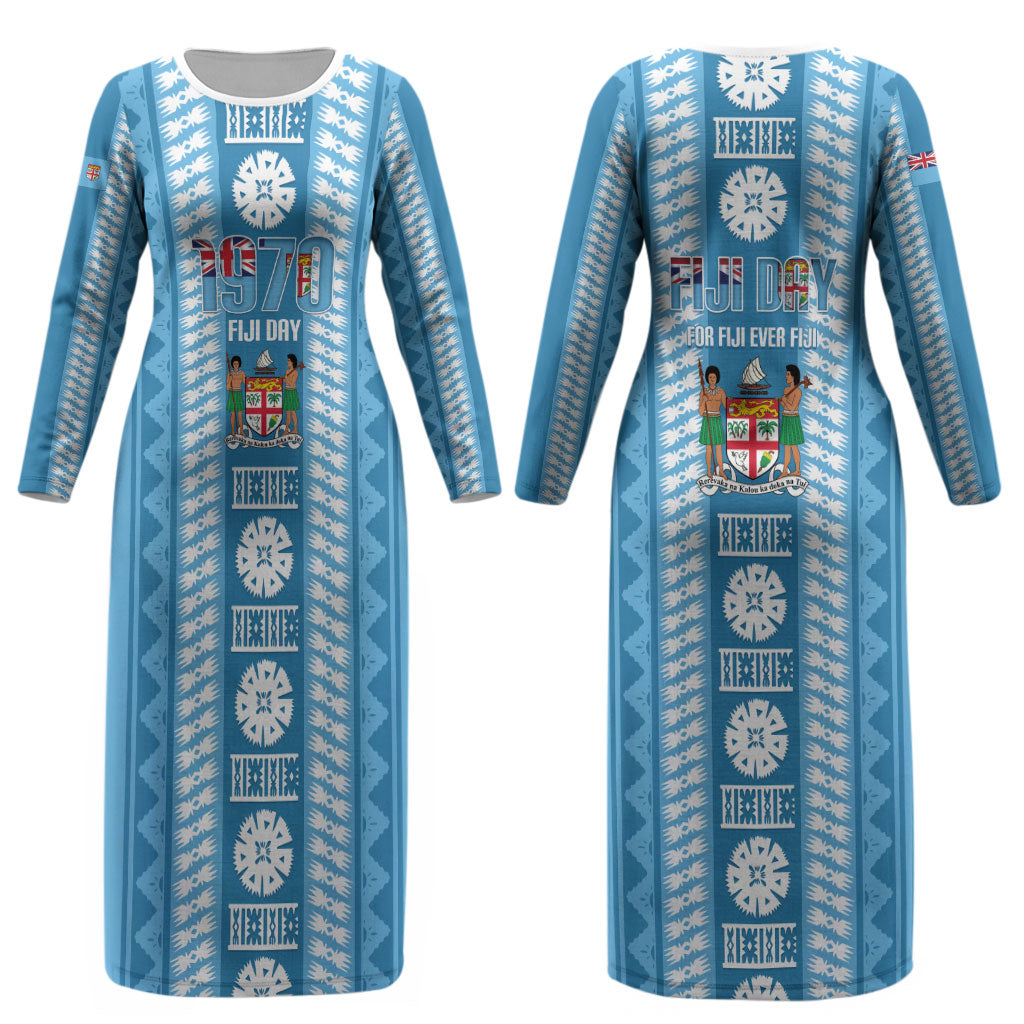Fiji Day 1970 Couples Matching Long Sleeve Bodycon Dress and Long Sleeve Button Shirt For Fiji Ever Fiji Tapa Pattern Blue LT14 - Polynesian Pride