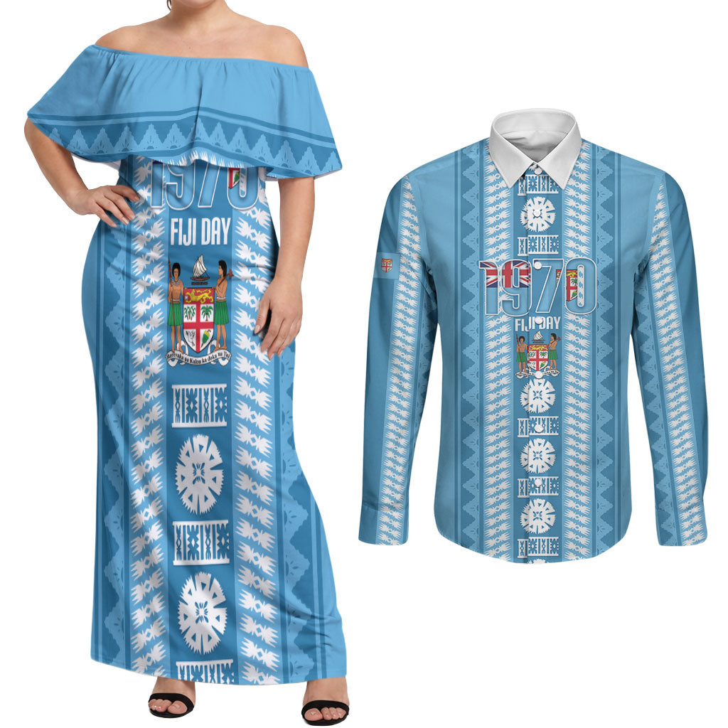 Fiji Day 1970 Couples Matching Off Shoulder Maxi Dress and Long Sleeve Button Shirt For Fiji Ever Fiji Tapa Pattern Blue LT14 Blue - Polynesian Pride