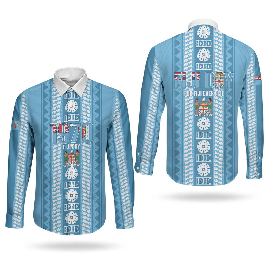 Fiji Day 1970 Couples Matching Off Shoulder Maxi Dress and Long Sleeve Button Shirt For Fiji Ever Fiji Tapa Pattern Blue LT14 - Polynesian Pride