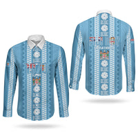 Fiji Day 1970 Couples Matching Off Shoulder Maxi Dress and Long Sleeve Button Shirt For Fiji Ever Fiji Tapa Pattern Blue LT14 - Polynesian Pride