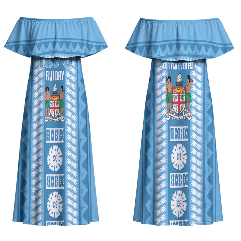 Fiji Day 1970 Couples Matching Off Shoulder Maxi Dress and Long Sleeve Button Shirt For Fiji Ever Fiji Tapa Pattern Blue LT14 - Polynesian Pride