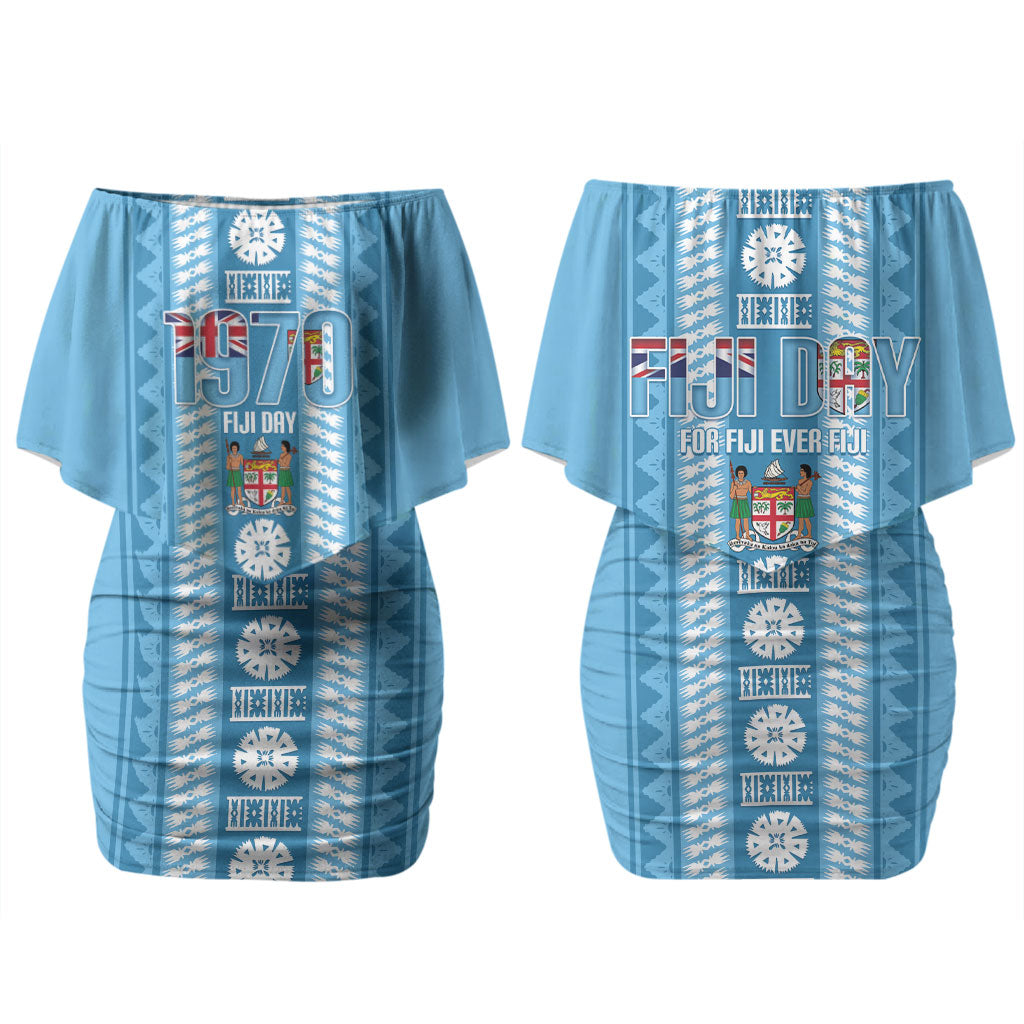 Fiji Day 1970 Couples Matching Off Shoulder Short Dress and Long Sleeve Button Shirt For Fiji Ever Fiji Tapa Pattern Blue LT14 - Polynesian Pride