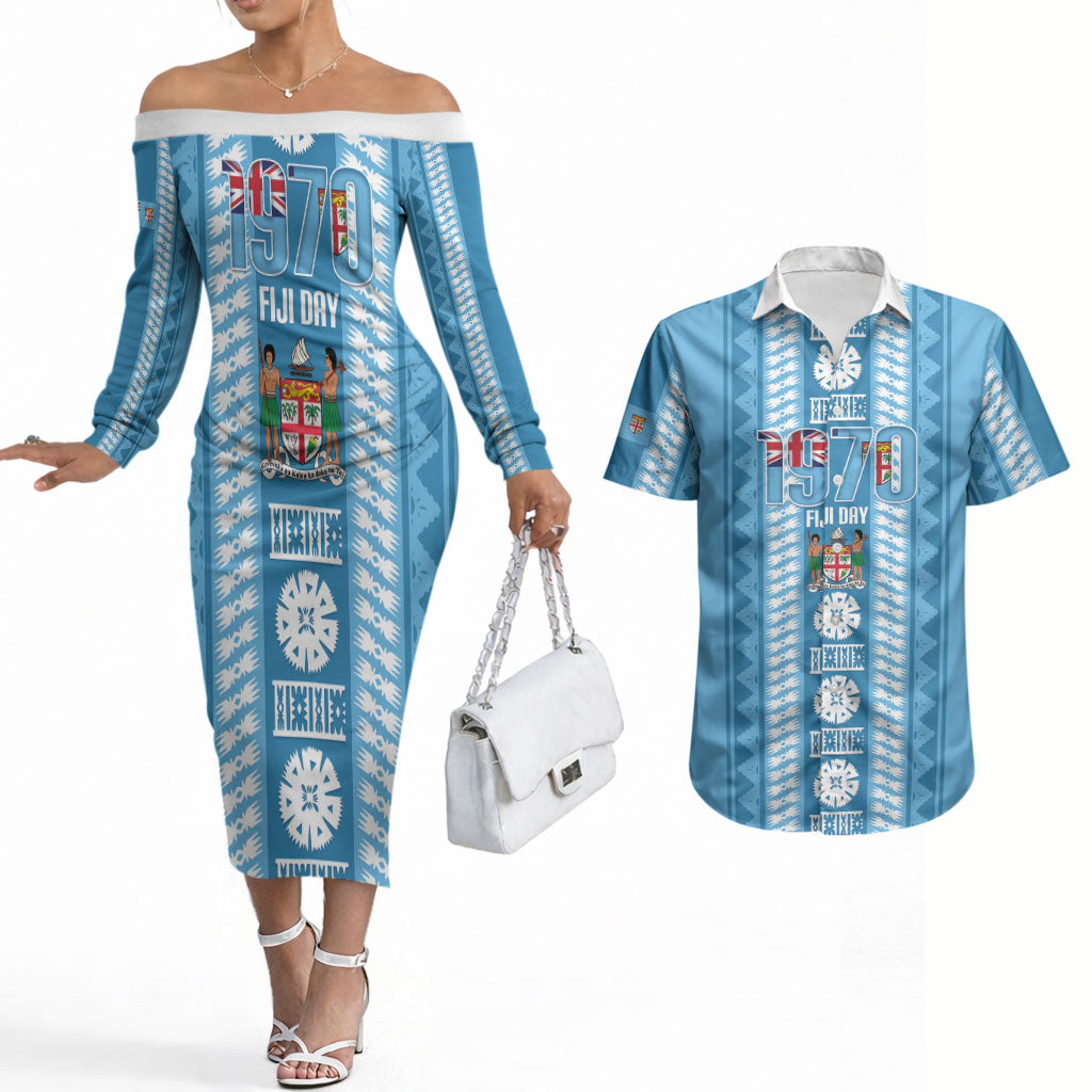 Fiji Day 1970 Couples Matching Off The Shoulder Long Sleeve Dress and Hawaiian Shirt For Fiji Ever Fiji Tapa Pattern Blue LT14 Blue - Polynesian Pride