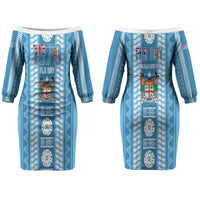 Fiji Day 1970 Couples Matching Off The Shoulder Long Sleeve Dress and Hawaiian Shirt For Fiji Ever Fiji Tapa Pattern Blue LT14 - Polynesian Pride