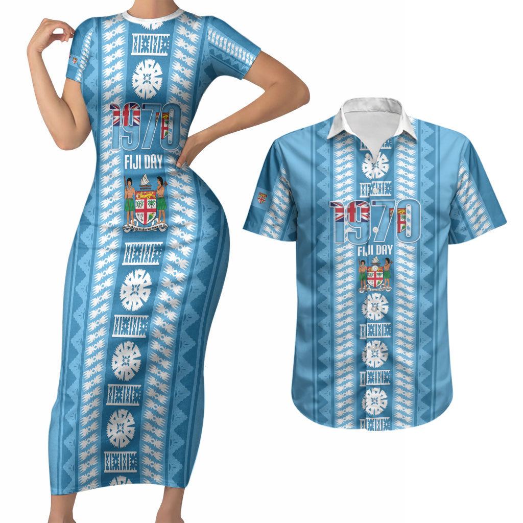 Fiji Day 1970 Couples Matching Short Sleeve Bodycon Dress and Hawaiian Shirt For Fiji Ever Fiji Tapa Pattern Blue LT14 Blue - Polynesian Pride