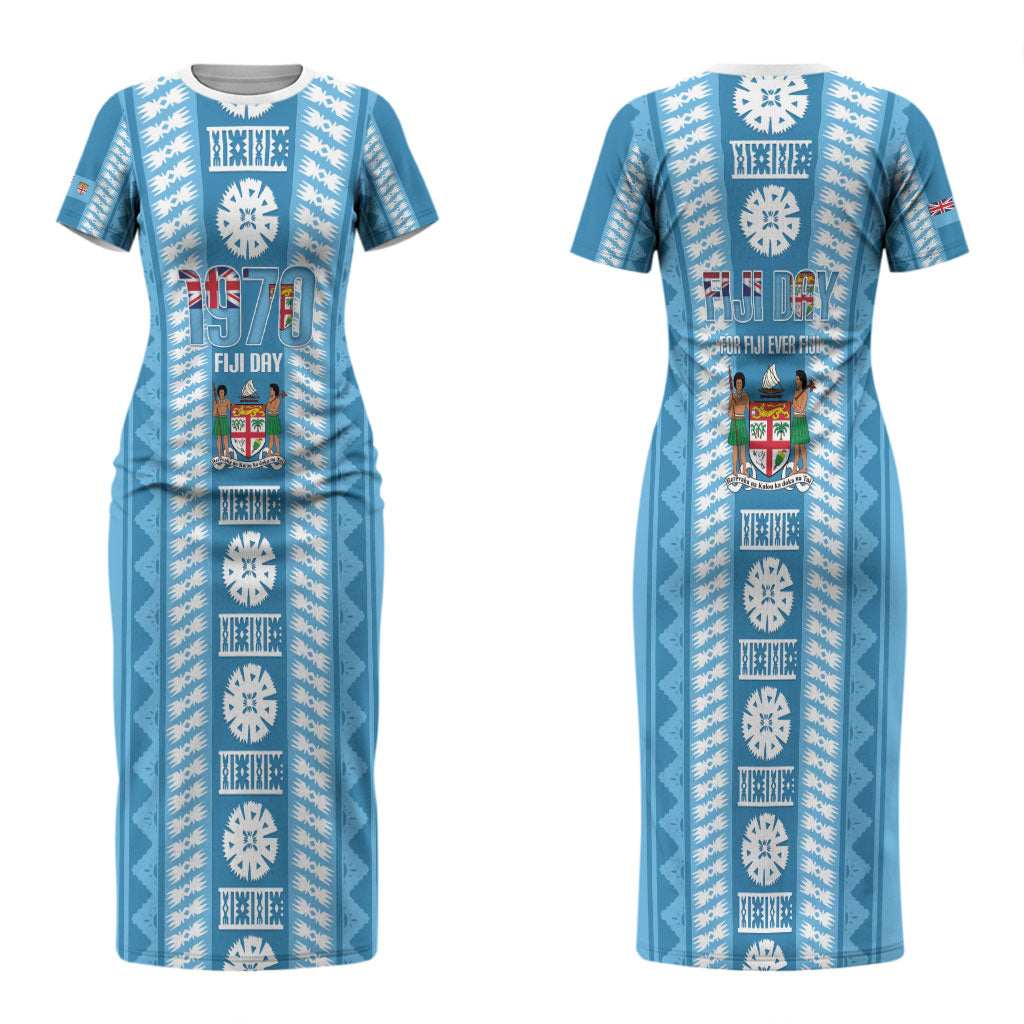 Fiji Day 1970 Couples Matching Short Sleeve Bodycon Dress and Hawaiian Shirt For Fiji Ever Fiji Tapa Pattern Blue LT14 - Polynesian Pride