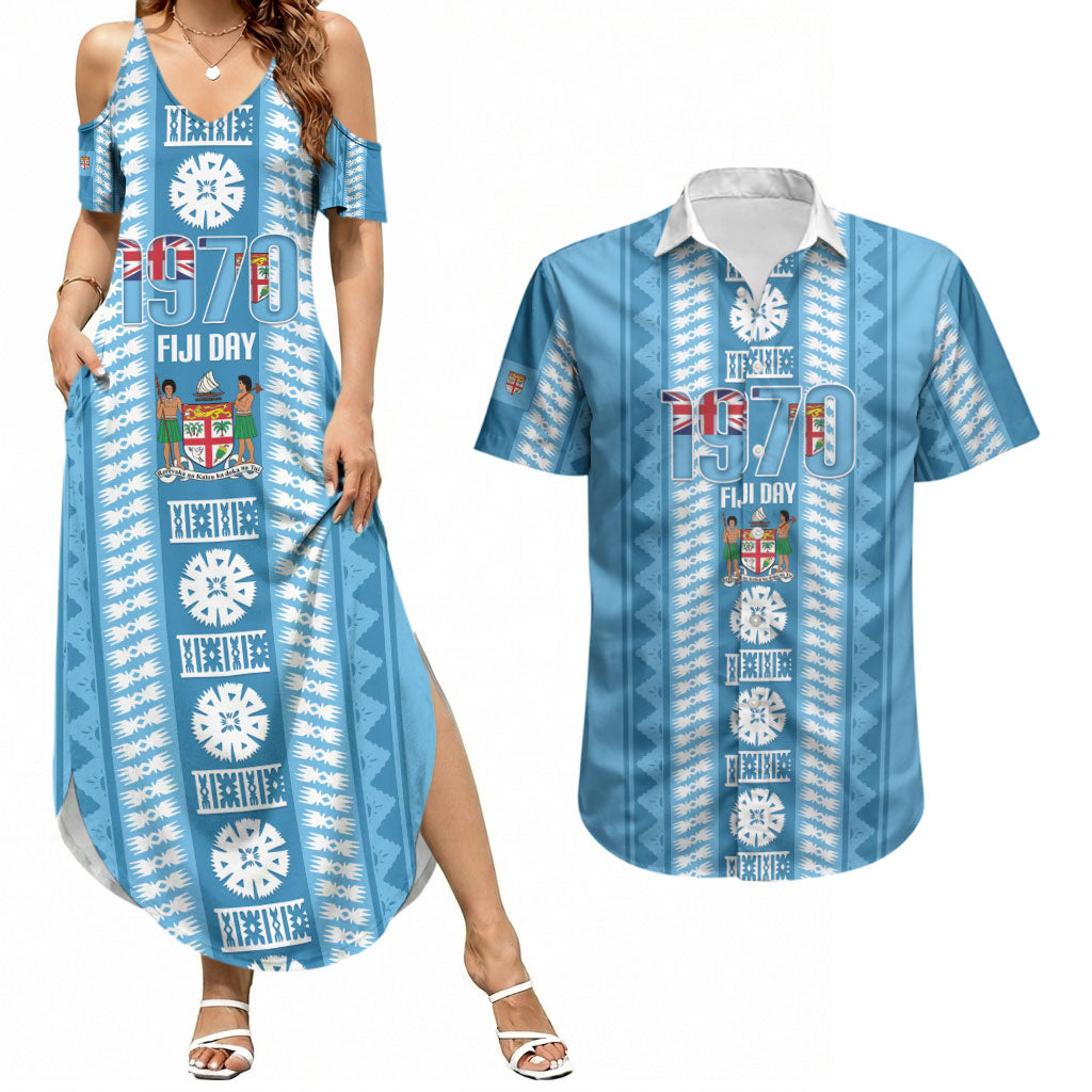 Fiji Day 1970 Couples Matching Summer Maxi Dress and Hawaiian Shirt For Fiji Ever Fiji Tapa Pattern Blue LT14 Blue - Polynesian Pride