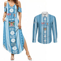 Fiji Day 1970 Couples Matching Summer Maxi Dress and Long Sleeve Button Shirt For Fiji Ever Fiji Tapa Pattern Blue LT14 Blue - Polynesian Pride