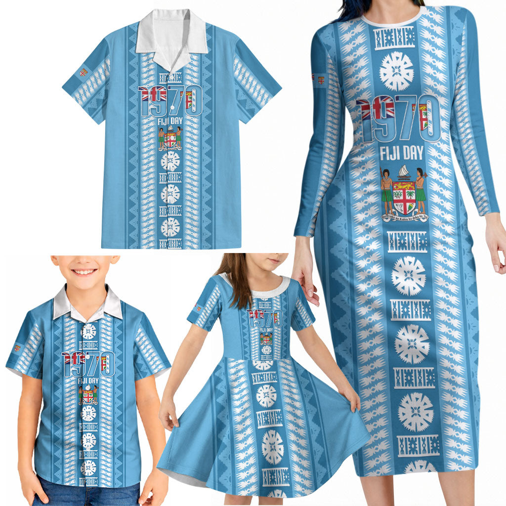 Fiji Day 1970 Family Matching Long Sleeve Bodycon Dress and Hawaiian Shirt For Fiji Ever Fiji Tapa Pattern Blue LT14 - Polynesian Pride